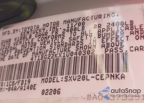 2001 Toyota Camry Le из США, поврежденный, VIN 4T1BG22KX1U040302